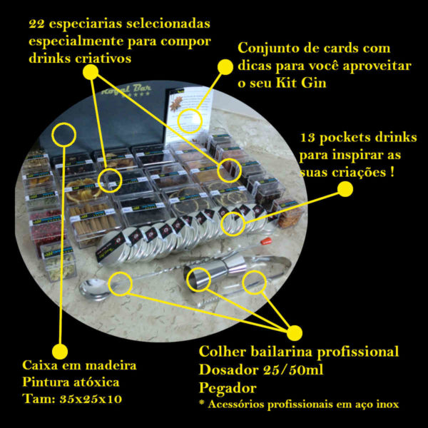 kit gin tônica royalblack, 22 especiarias, 13 pockets drinks, colher bailarina, dosador, pegador