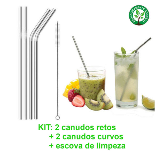 Canudos de inox com 4 canudos + escova de limpeza