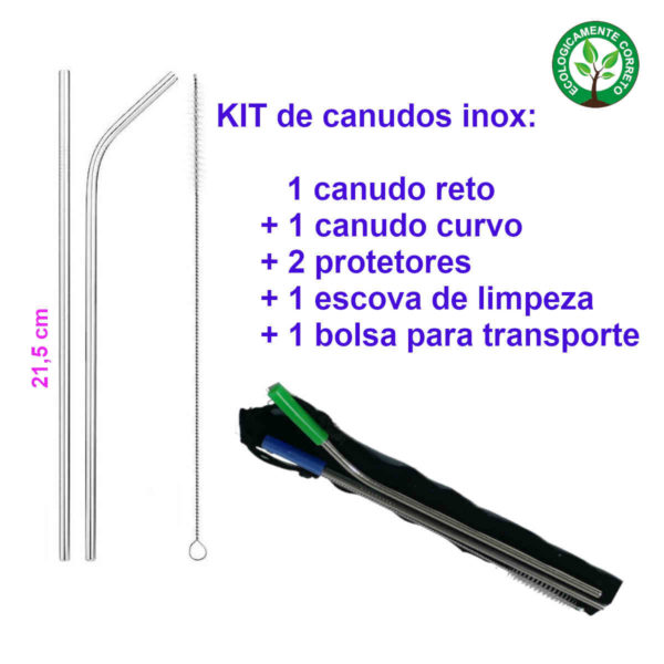 Canudos de inox com 2 canudos + escova de limpeza + bolsa