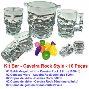 Kit Bar Balde de gelo de vidro Caveira, Rock Skull – 16 Peças