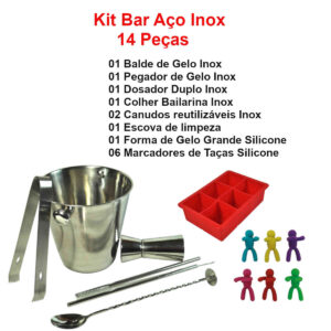 Kit de Bar Profissional de Aço Prata + Balde de gelo – Kit com 14 Peças